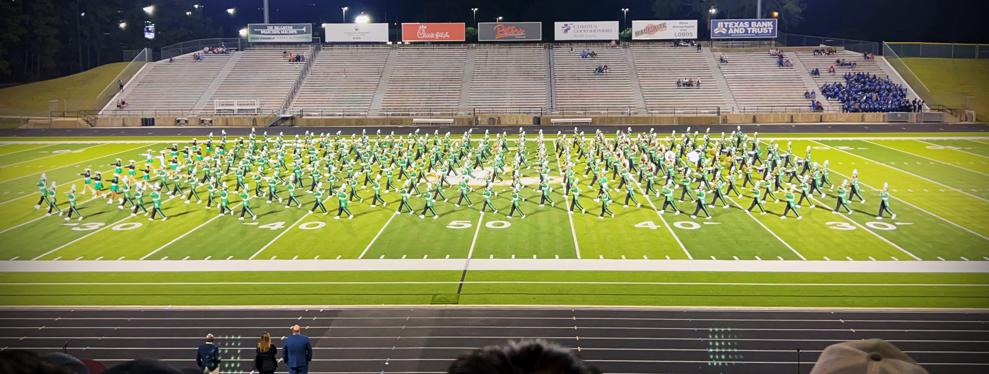 The Longview High School Lobo Band earned a First Division rating from the entire judging panel to bring home its 73rd consecutive SUPERIOR University Interscholastic League marching contest rating. With the top honor, the Big Green Marching Machine maintains the state record for consecutive superior ratings in a state contest. LHS has been ranked First Division since the inception of the UIL in 1949.