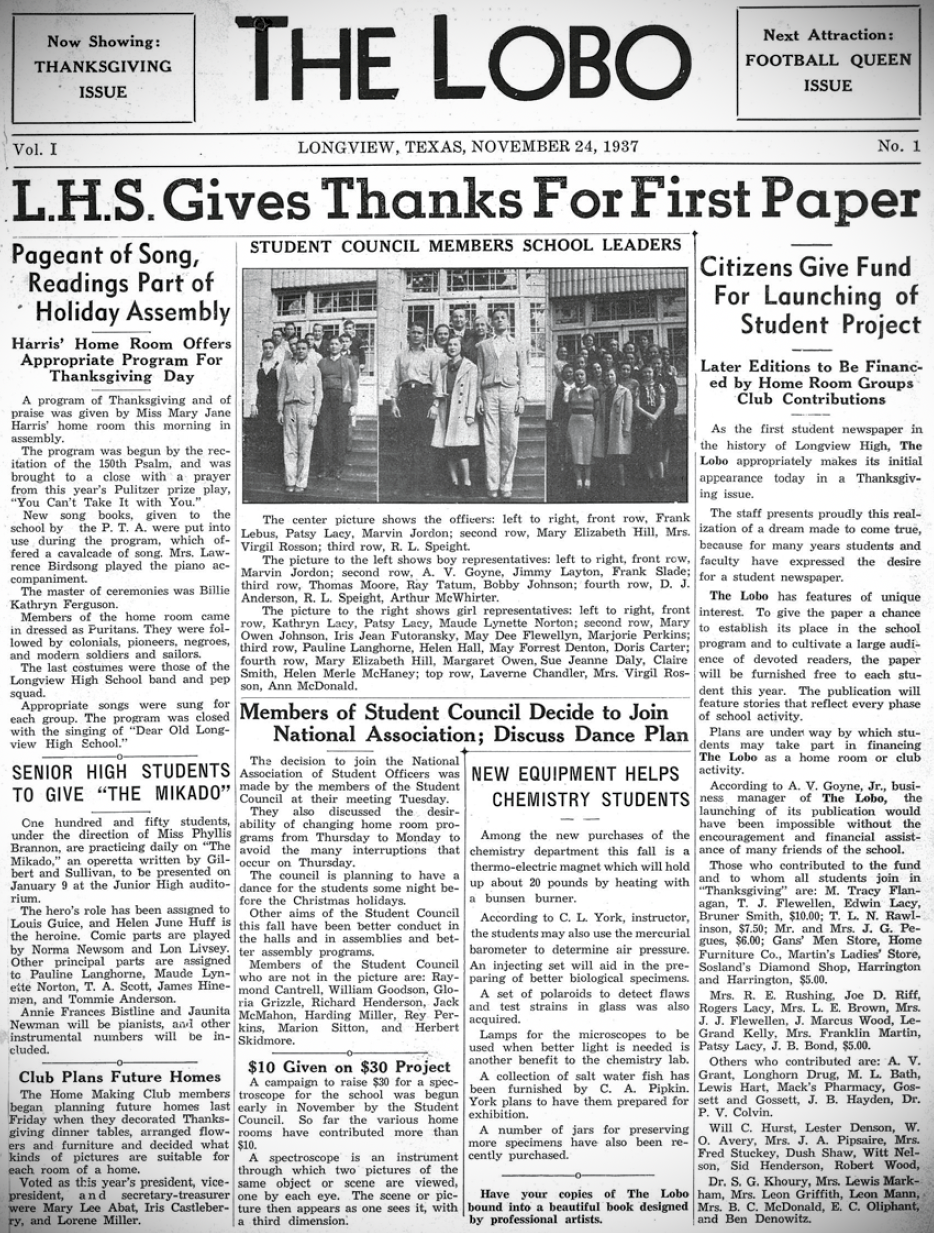 Nov. 24, 1937 edition of The Lobo, the first issue of the Longview High School newspaper still in publication today.