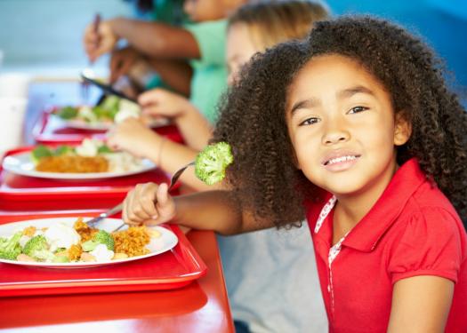 STOCK PHOTO - Child eating school lunch in cafeteria